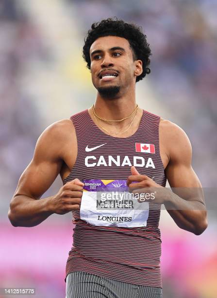 BIRMINGHAM, ENGLAND - AUGUST 02: Malik Metivier of Team Canada reacts after qualifying in the Men's 400m Hurdles Round 1 heats on day five of the Birmingham 2022 Commonwealth Games at Alexander Stadium on August 02, 2022 in the Birmingham, England. (Photo by David Ramos/Getty Images)